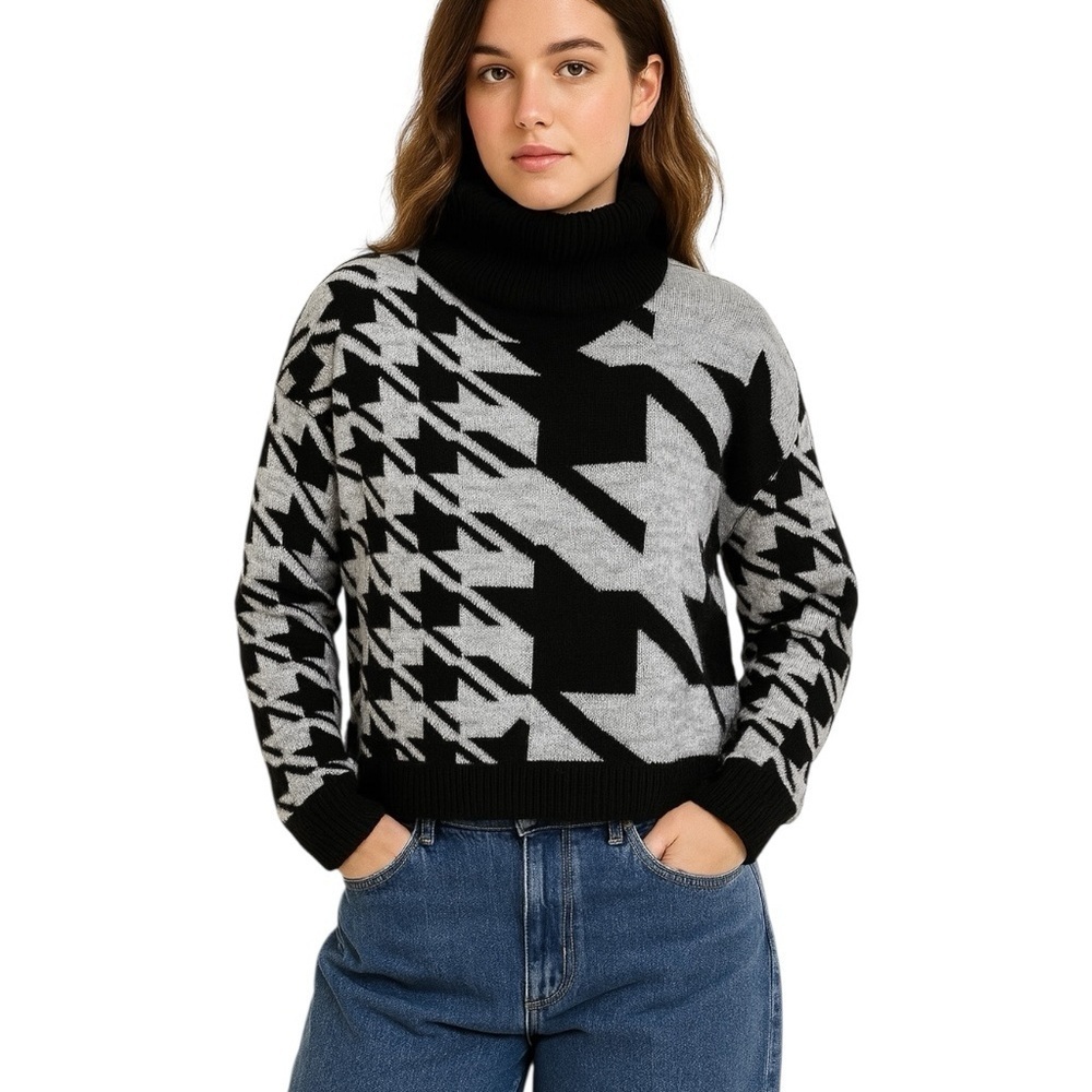 William Rast Small Cropped Houndstooth Cowlneck Turtleneck Sweater Modest Casual